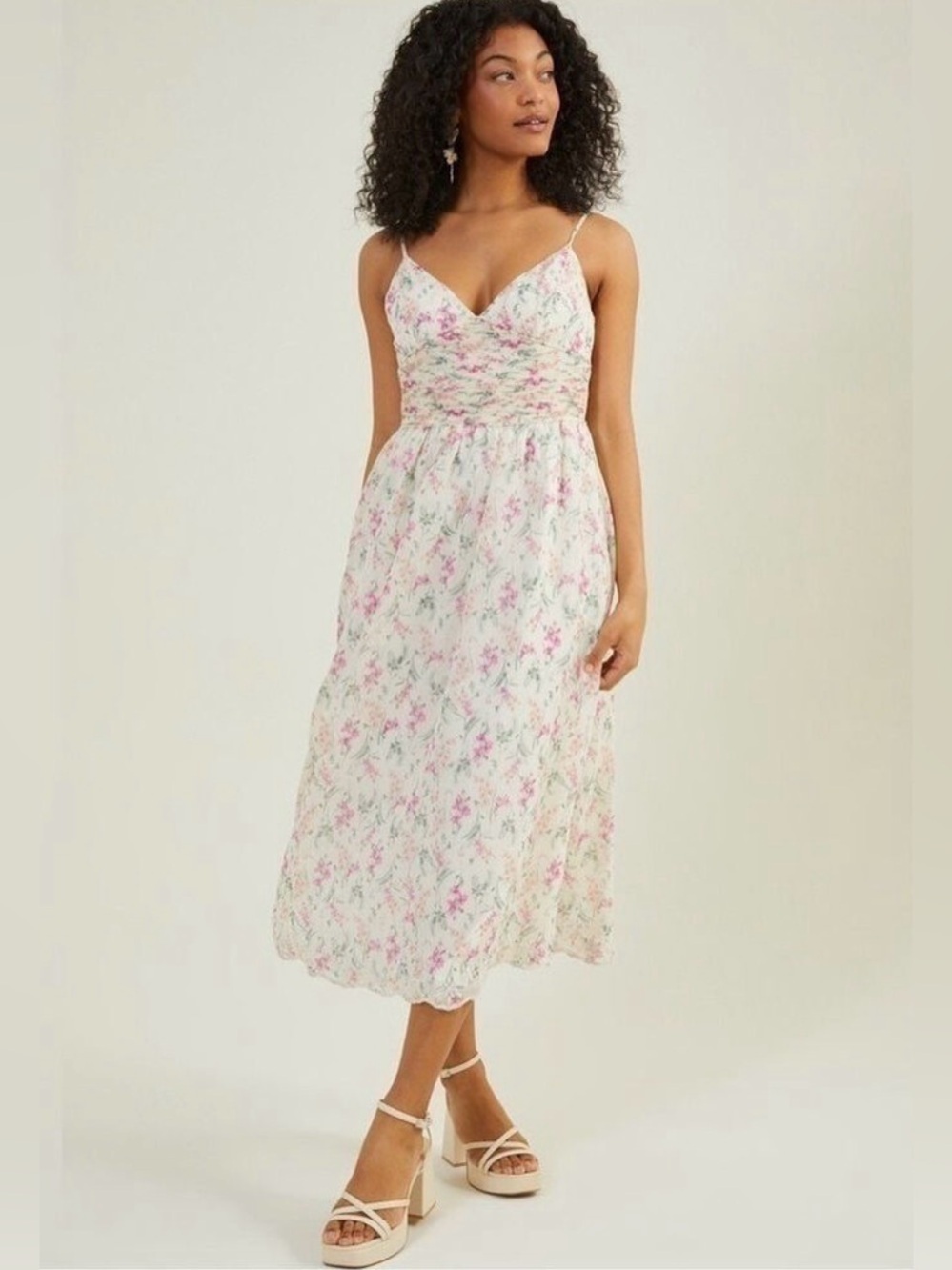 Lena Floral Ruched Pleated Waist Embroidered Trim Spaghetti Straps Midi Dress